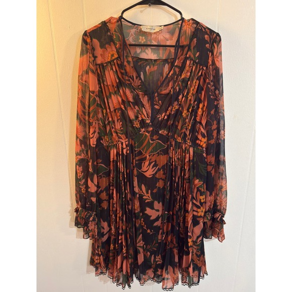 Coach Dresses & Skirts - Coach 1941 Flowy Floral Pleated Dress w Tie Front Sz 4 Black Gold Metallic Boho
